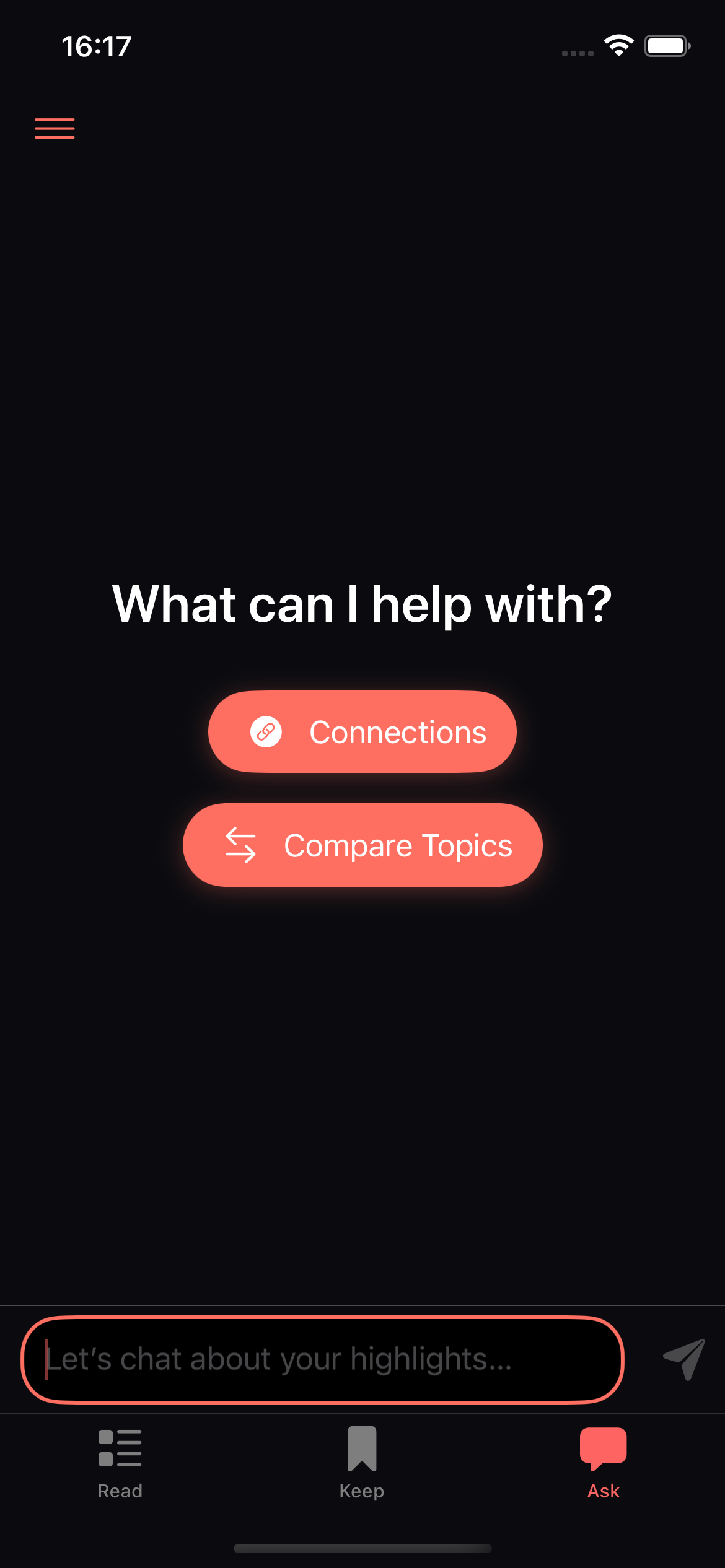 EchoKeep's AI chat interface, where users can ask questions and get insights from their saved content.