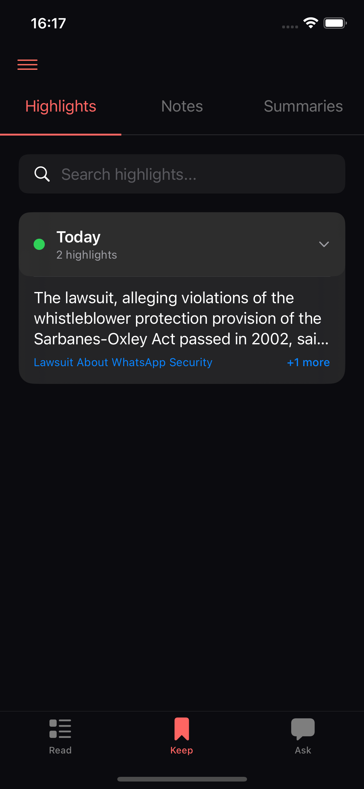 EchoKeep's knowledge library, displaying a grid of saved articles with summaries and notes.